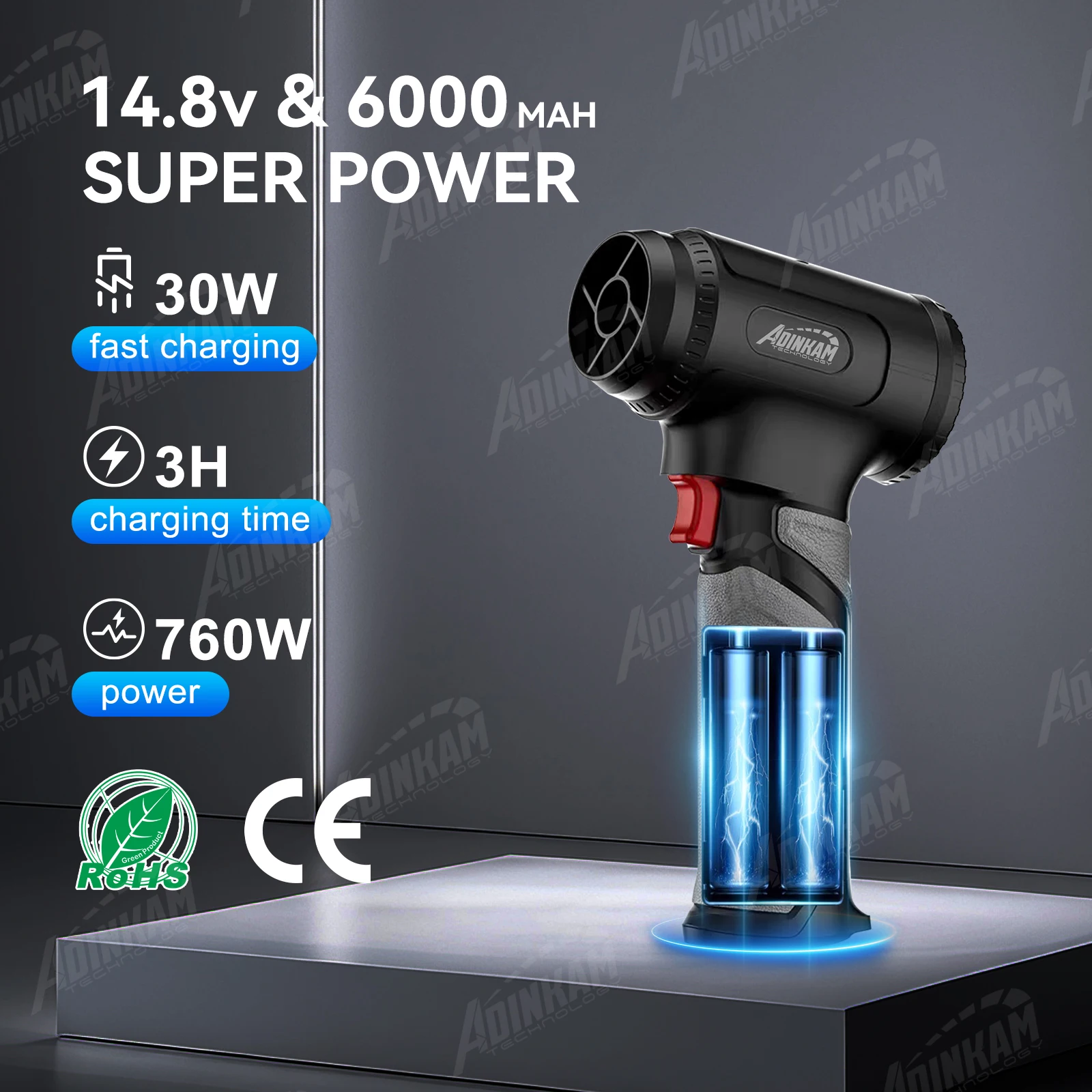 ADINKMA Violent Turbo Fan 760W Strong Wind Pressure 1200g Fast Charging Cordless Air Duster for Office House Hotel Cleaning