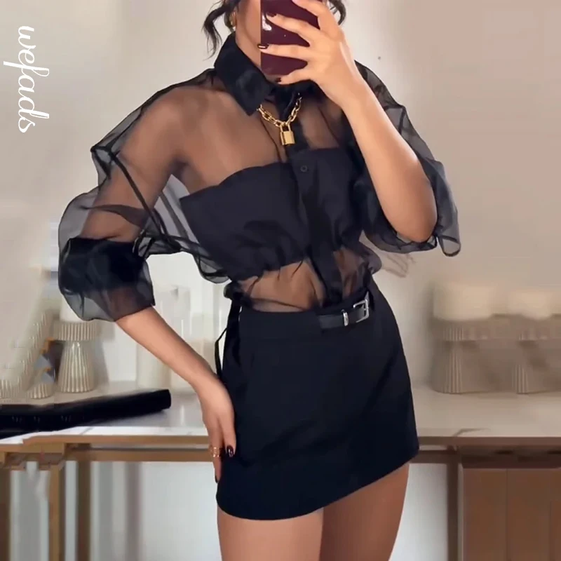 

Wefads Two Piece Set Women's Clothes Sexy Fashion Solid Long Sleeve Lapel Transparent Mesh Top Mini A Line Skirt Sets Streetwear