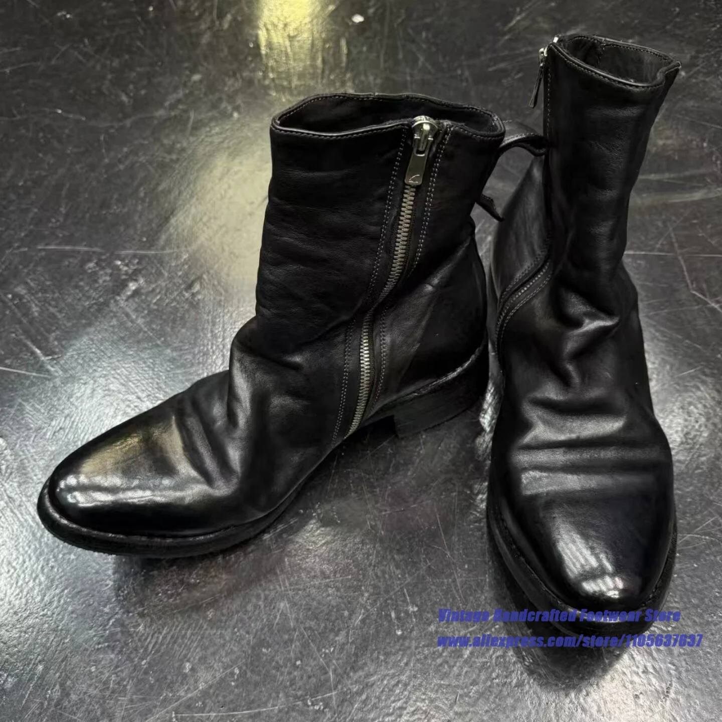 Black Wrinkled Leather Side Zip Men's Ankle Boots Low Heel Pointed Toe Gothic Streetwear Boots Designer Handcrafted Men's Boots