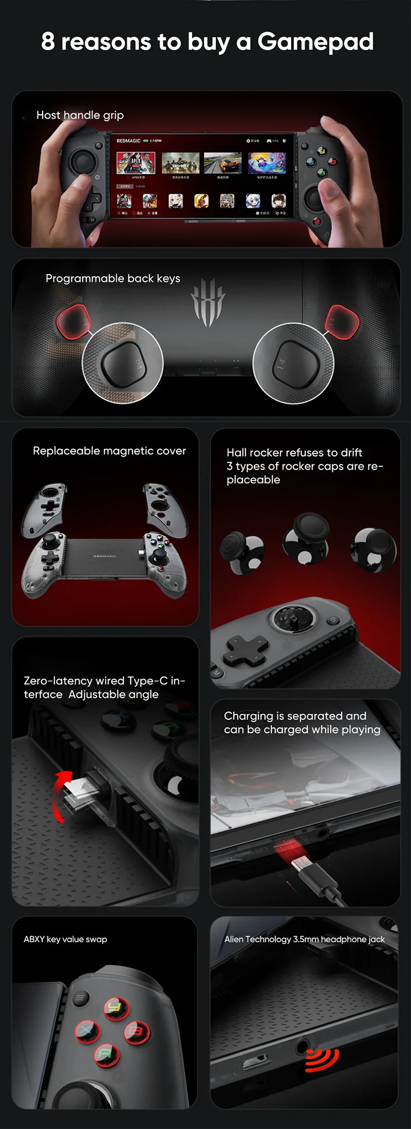 Neues Redmagic Shadow Blade Gamepad 2, schwarz strukturierte weiche Gummigriffe, Typ-C-Telefon-Controller für Red Magic 9 Pro Gamepad Android