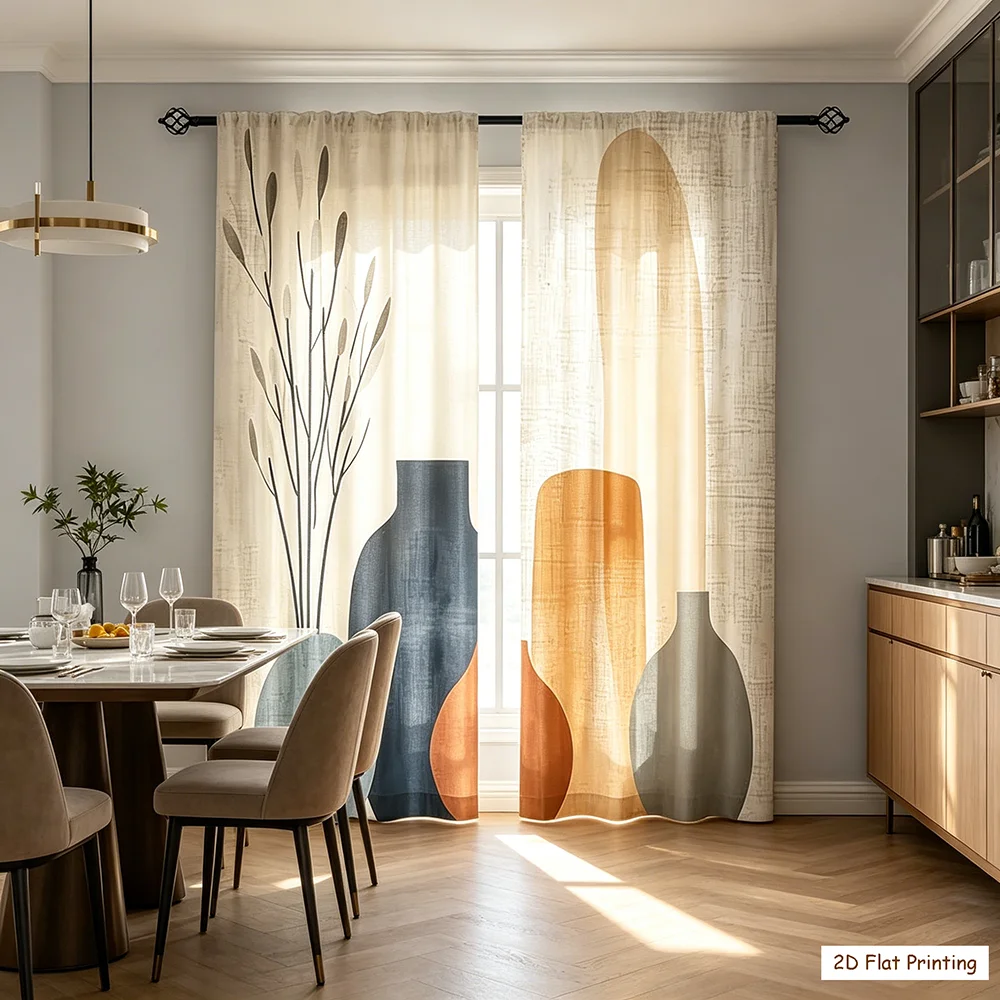2PCS Minimalist Abstract Vase Branch Print Window Curtains, Artistic Window Decor for Dining Room Living Room Home Interior