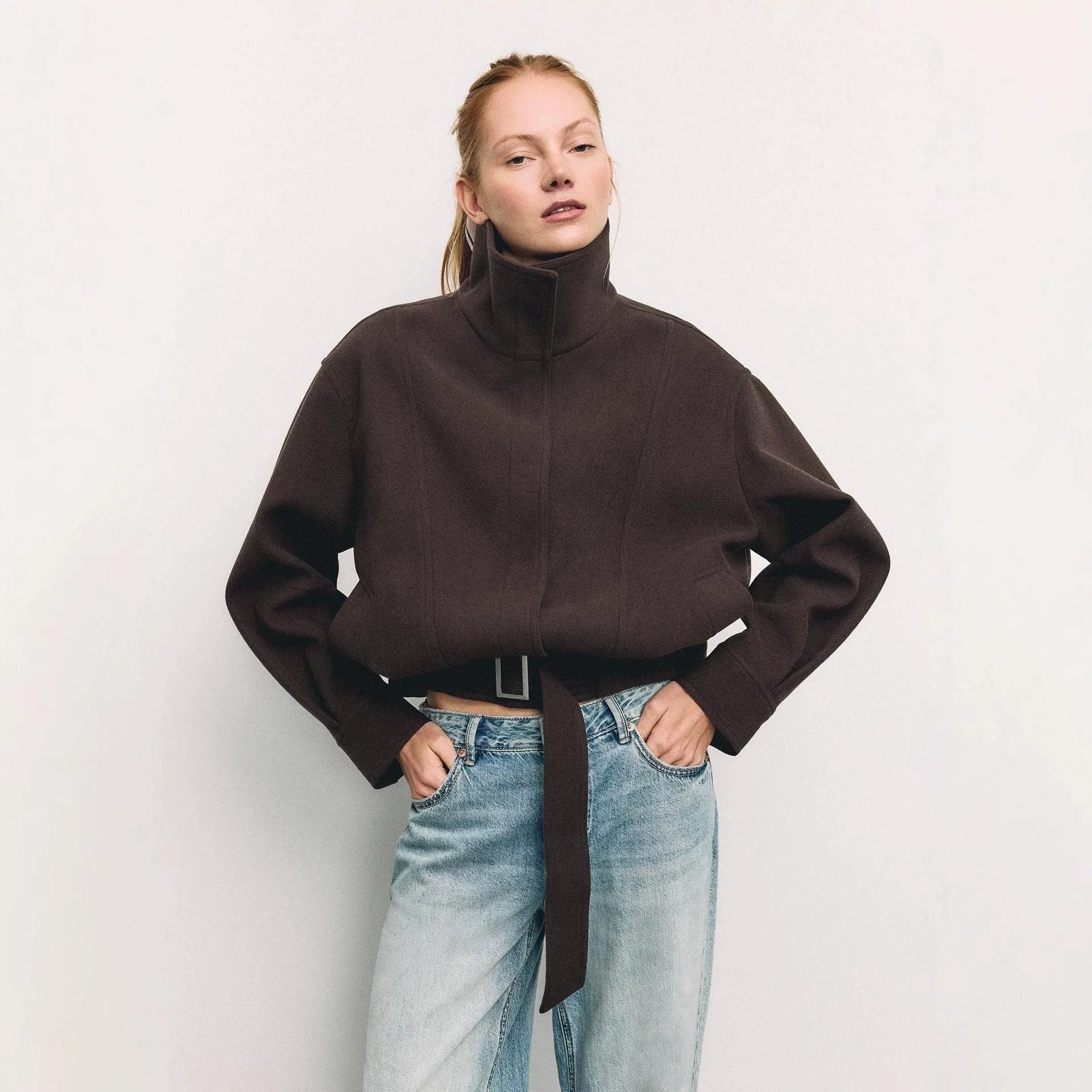 European And American Popular Minimalist Turtleneck Woolen Short Coat Autumn And Winter Metal Buckle Waist Streamer Loose Silhou