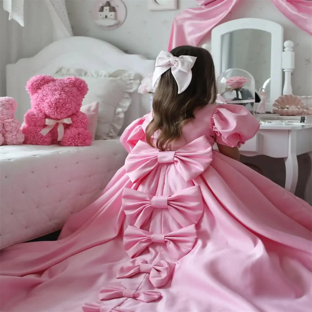 فساتين فتاة الزهور المخصصة من الساتان مع فيونكة بكتف واحد بدون أكمام لحفلات الزفاف وأعياد الميلاد وحفلات الأميرة #1