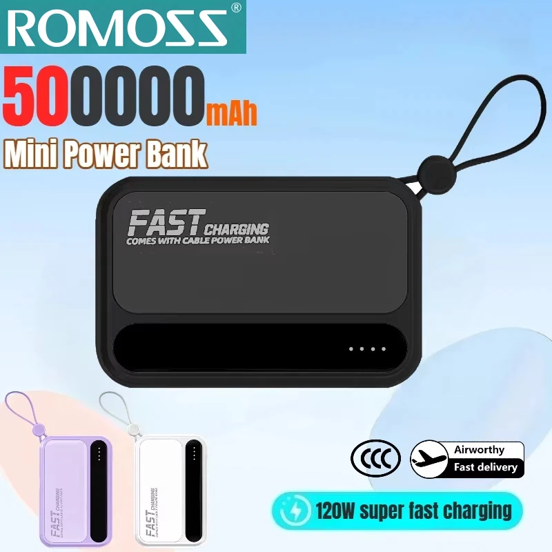 

ROMOSS 500000 мАч Power Bank большой емкости встроенные кабели 4 в 1 интеллектуальный цифровой дисплей портативный аккумулятор для iPhone Huawei