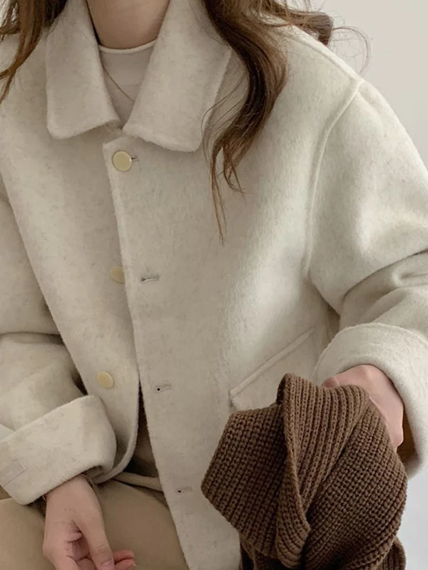  Style Double-Faced Woolen Coat Short Length Turn-down Collar Women's Jacket with Pockets Anti-aging Retro Fashion