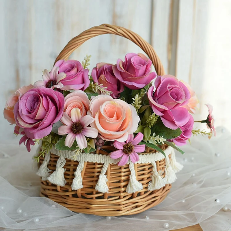 2X Woven Storage Basket And Ribbon Wedding Flower Girl Baskets Wicker Rattan Flower Basket For Home Garden Decor