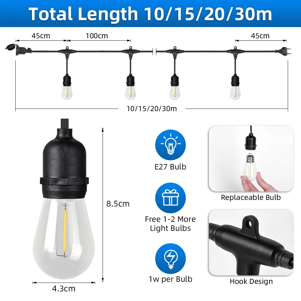 220V Outdoor String Lights Garland Decoration IP65 Waterproof ST38 Warm Light Bulb 10/15/20/30M Patio Street Camping Fairy Light