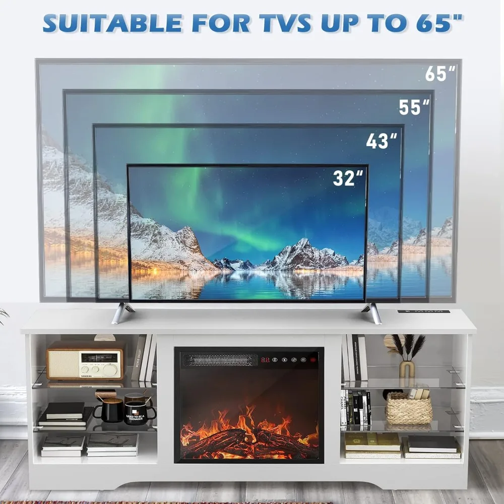 Kamin TV-Ständer mit 18''Kamin, modernes Unterhaltung zentrum für Fernseher bis 65 Zoll, Medien-TV-Konsole