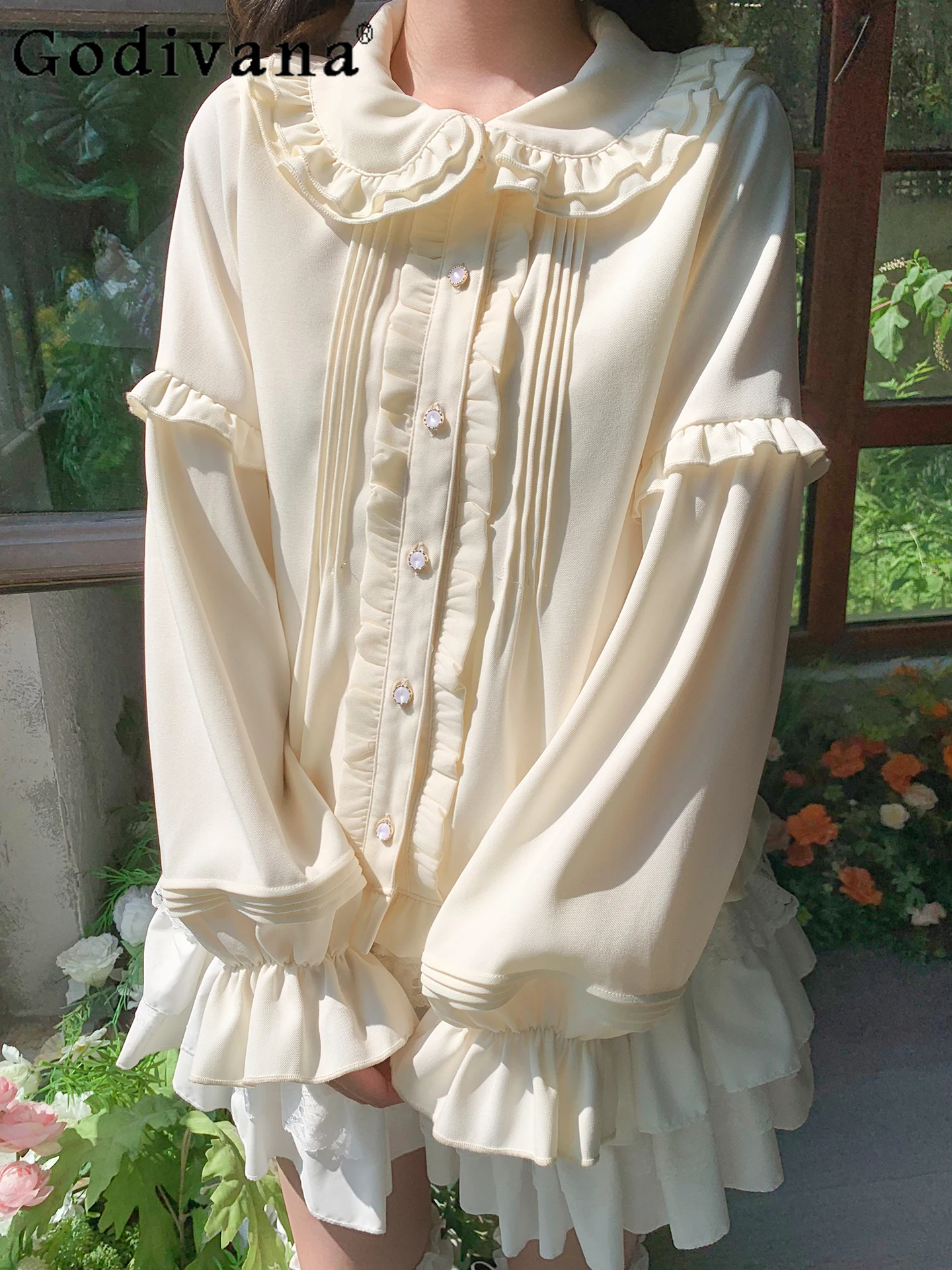 الخريف الحلو فتاة لينة اليابانية الأصلية لوليتا الداخلية طبقة مزدوجة دمية طوق فستان القوس كم طويل قاعدة قميص المرأة الأعلى