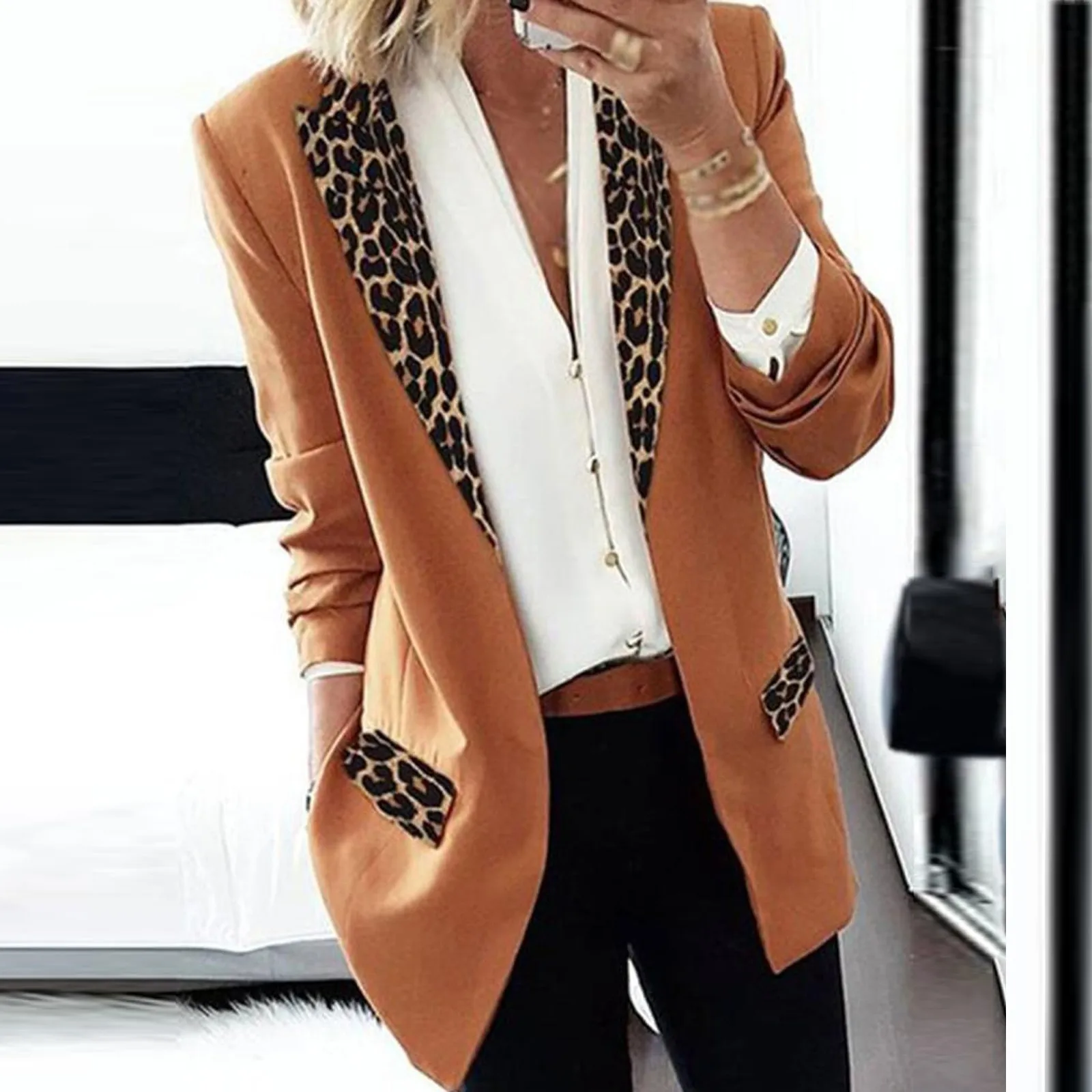 Fashion Office Lady Jacket Blazer Women Cardigan Thin Long Sleeve Leopard Print Elegant Small Suit Coat Oversize