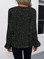 Women's Sparkly Glitter Long Sleeve Blouse V Neck Lantern Sleeve Shiny Top for Party Evening Notch Neckline - Image 2