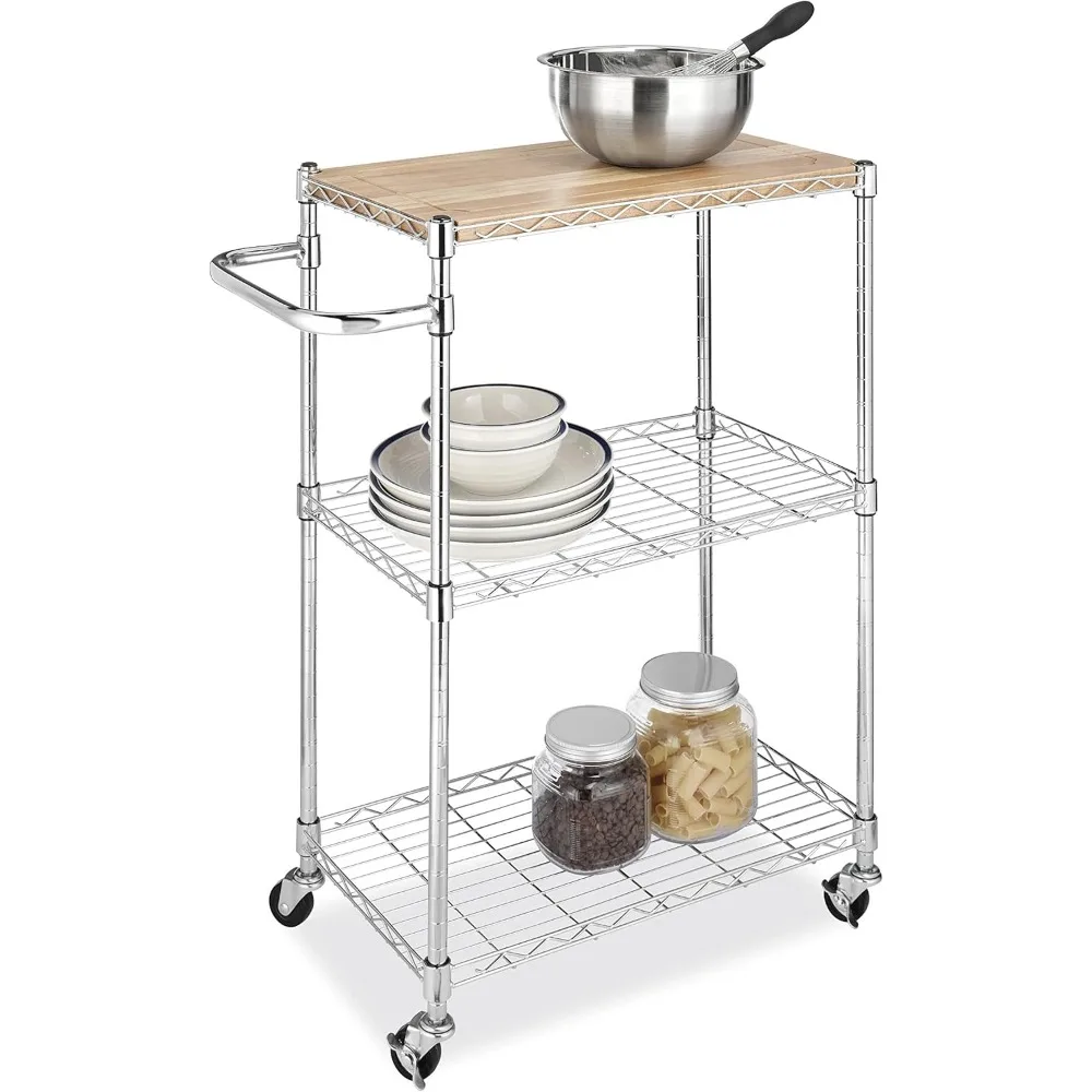 عربة مطبخ قابلة للتعديل مع لوح تقطيع خشبي وعجلات من الكروم ومجموعة خالية من الأدوات للمساحات الصغيرة #3
