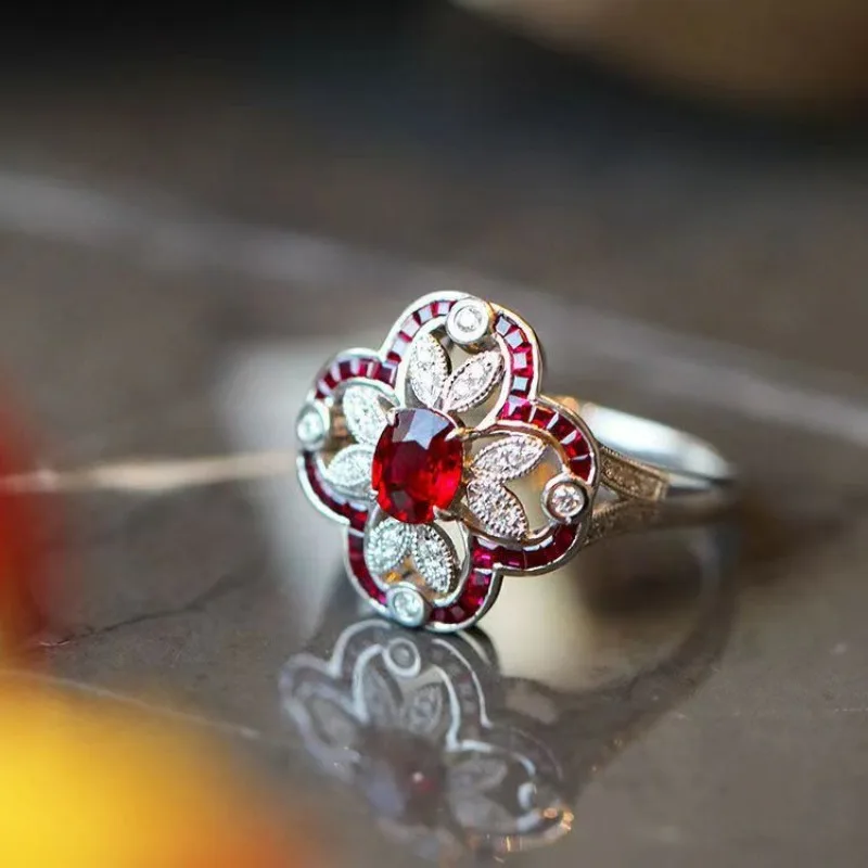 Vintage Hollow Out High Quality Flower 925 Silver Inlaid Ruby Rings for Women Exquisite Charms Banquet Wedding Jewelry