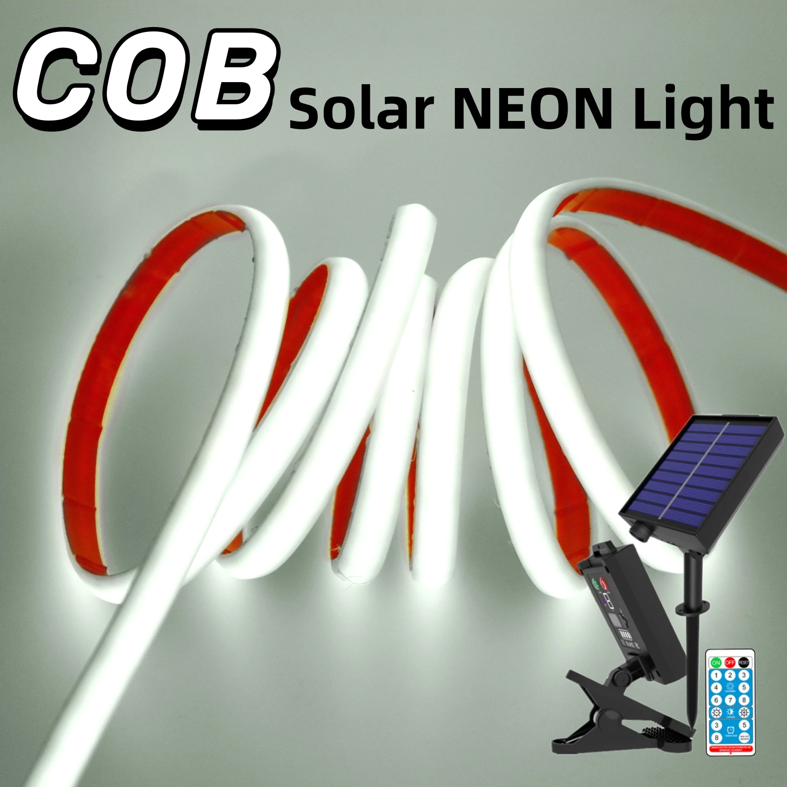 Tira de luz LED de neón Solar COB, lámpara de cinta de cuerda de iluminación lineal con Control remoto, IP68, 12V, regulable, 320LDs/M, RA90