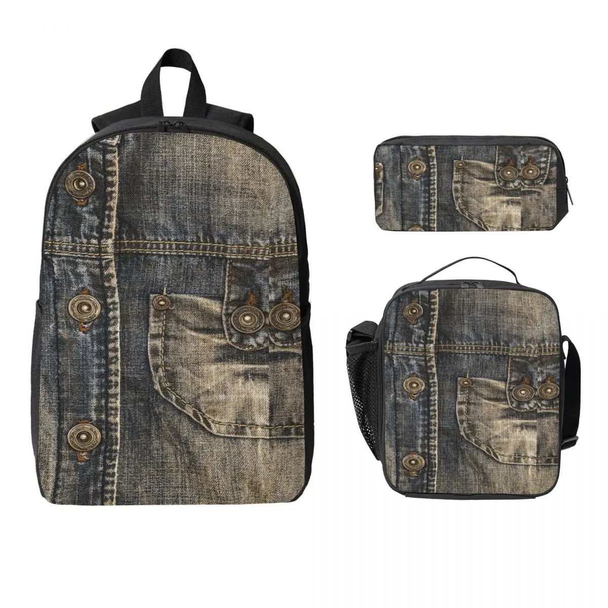 

Джинсовый рюкзак с двумя карманами I Love Bluejeans, сумка для книг, школьная сумка, компьютерные сумки на плечо, изолированная сумка для обеда 3 шт., пенал