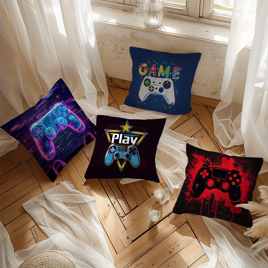 4pcs Cool Game Controller Throw Pillow Covers Set,  Single-Sided Print, Zip Closure - Perfect for Living Room & Bedroom Decor