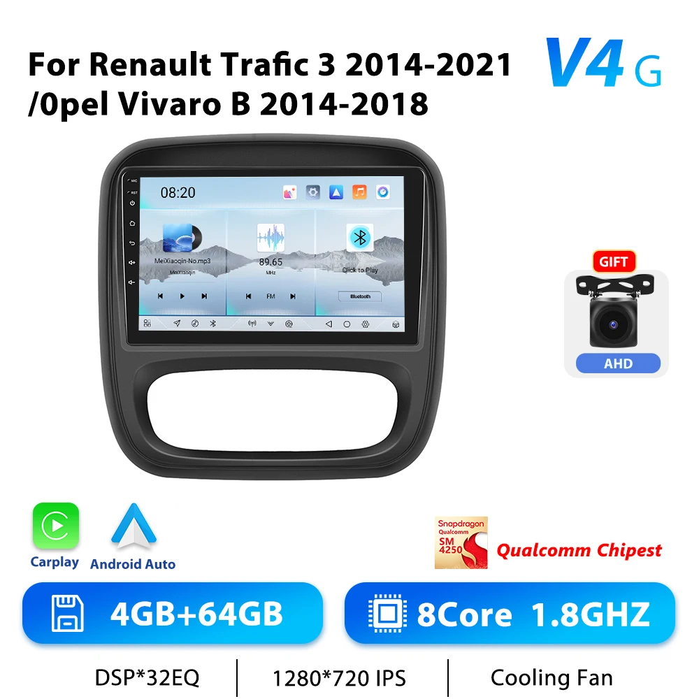 Podofo 9 "Autoradio Draadloze CarPlay Android Radio Voor Renault TRAFIC/Opel VIVARO 2014-2021 Multimedia GPS FM 4G WIFI Autoradio