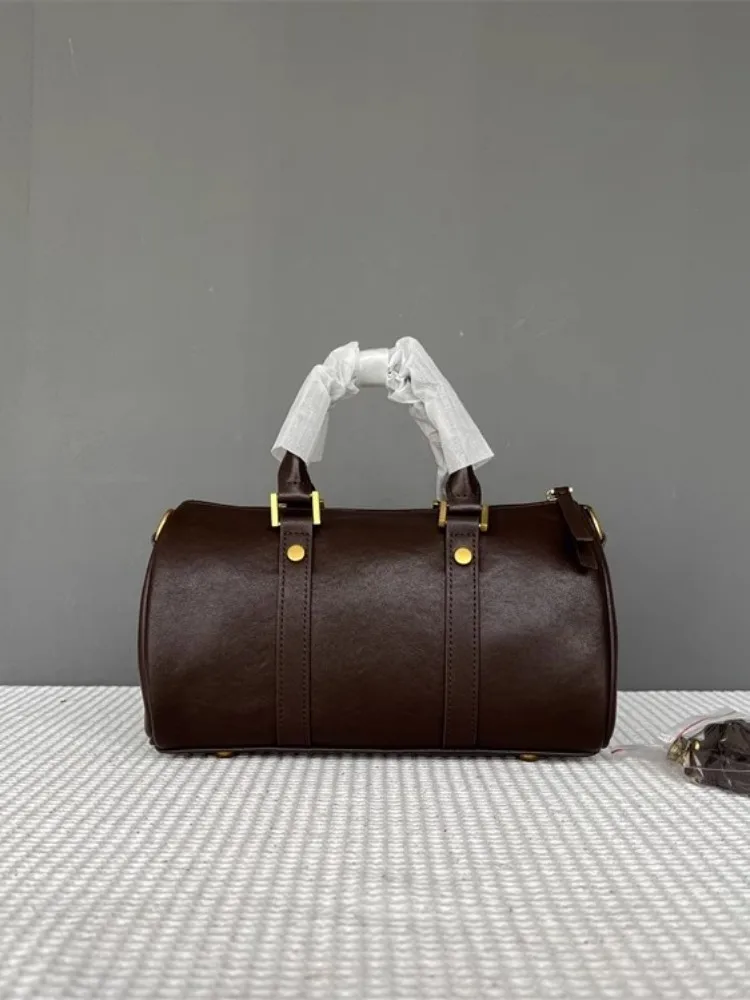 Retro Women Cowskin Genuine Leather Bag Fashion Tote Handbag Solid Color Boston Bag Office Ladies Single Shoulder Crossbody Bags