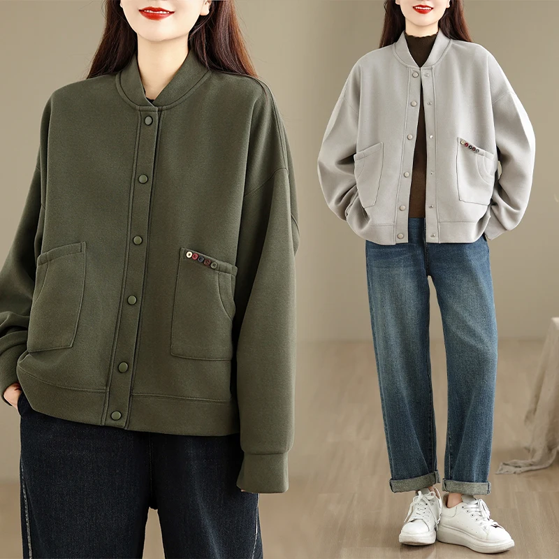 

Faionable Knitted Cotton Sweatirt Jaet Stand Collar Baseball Sle Sport Casual Women's ort Top Button Autumn Winter