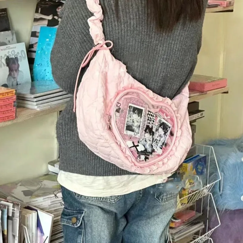 Transparent Heart Pocket Japanese Pain Bags Pleated Shoulder Strap Harajuku Dumpling Bags Lace Y2k Lolita Girls Bag Women's Bags