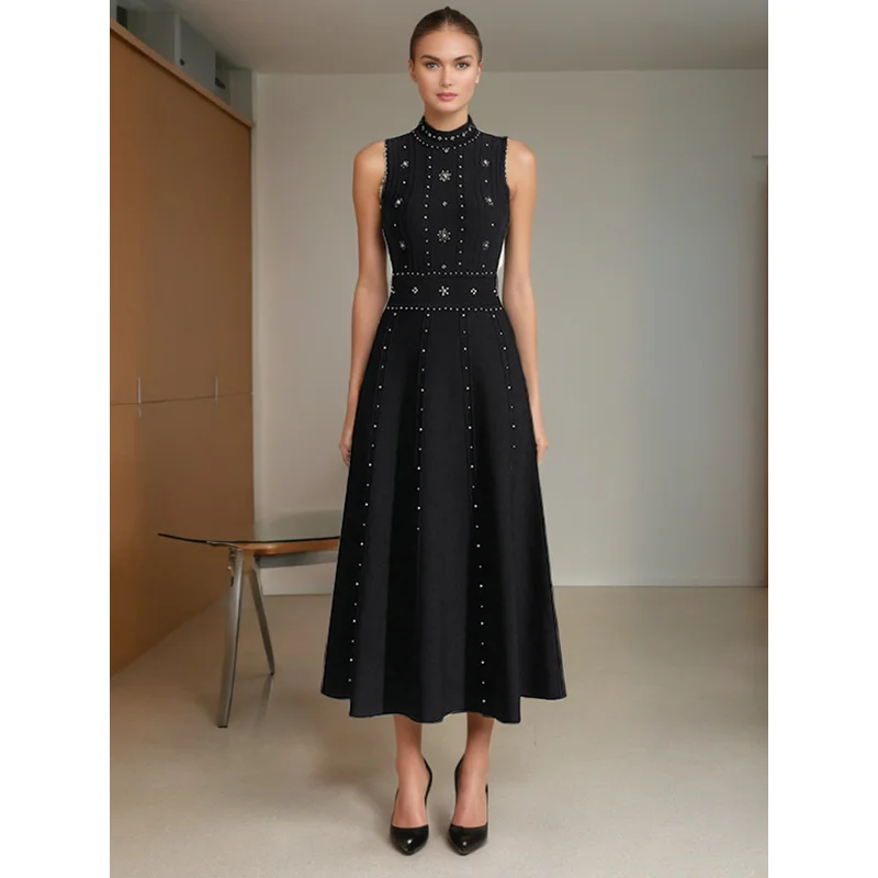 

Women Stand Collar Sleeveless Dress 2025 Heavy Pearls Beading Slim Elegant Long Backless Knitted Sweater Pullover Dress