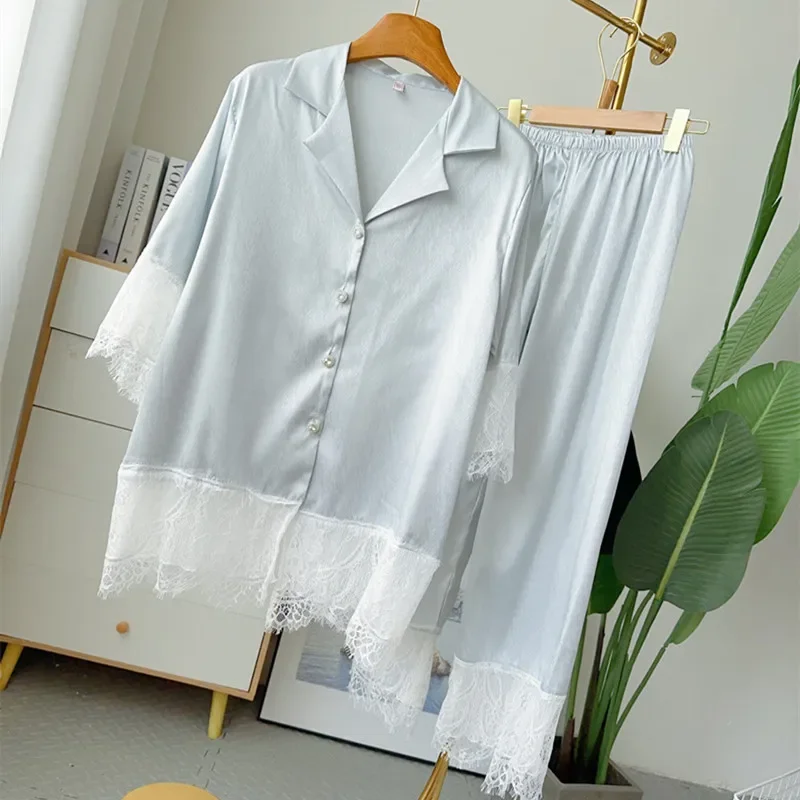 

Big Lace Trim Sleepwear Satin Home Clothes Women Sexy 2Pcs Loungewear Autumn and Spring New Outfit Nightwear Lady Pajamas