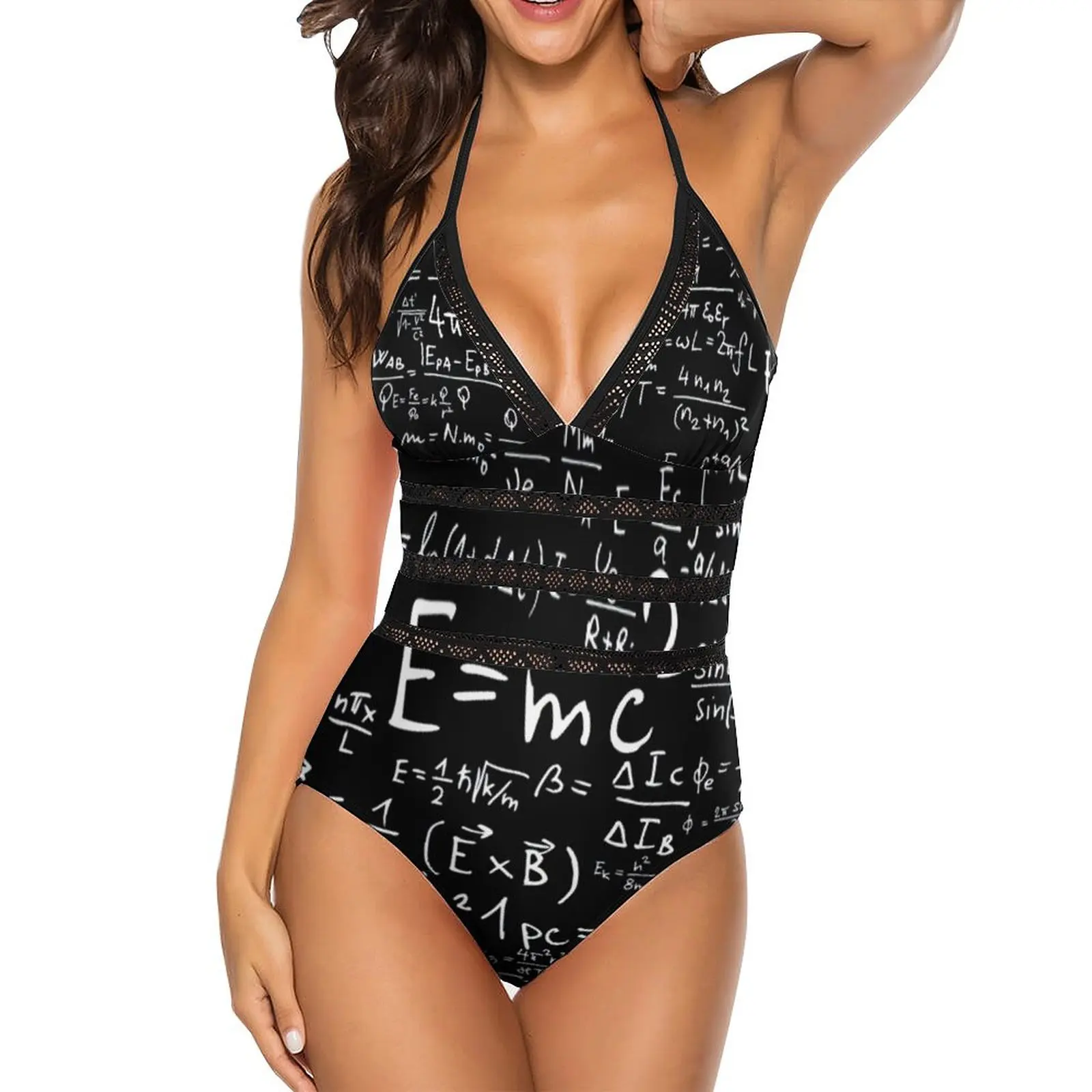 Funny Math Swimsuit Physics Equations Retro Swimwear One-Piece Surf Bodysuit Sexy V Neck Bathing Suits
