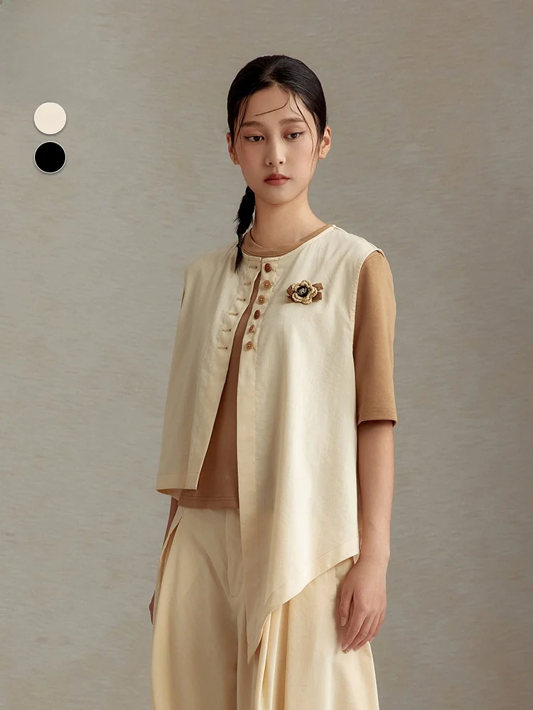 

Artistic Style Pure Color Midi Vest Irregular Hem round Neck Jacket City Painting New Arrival Women's Fashion Outerwear