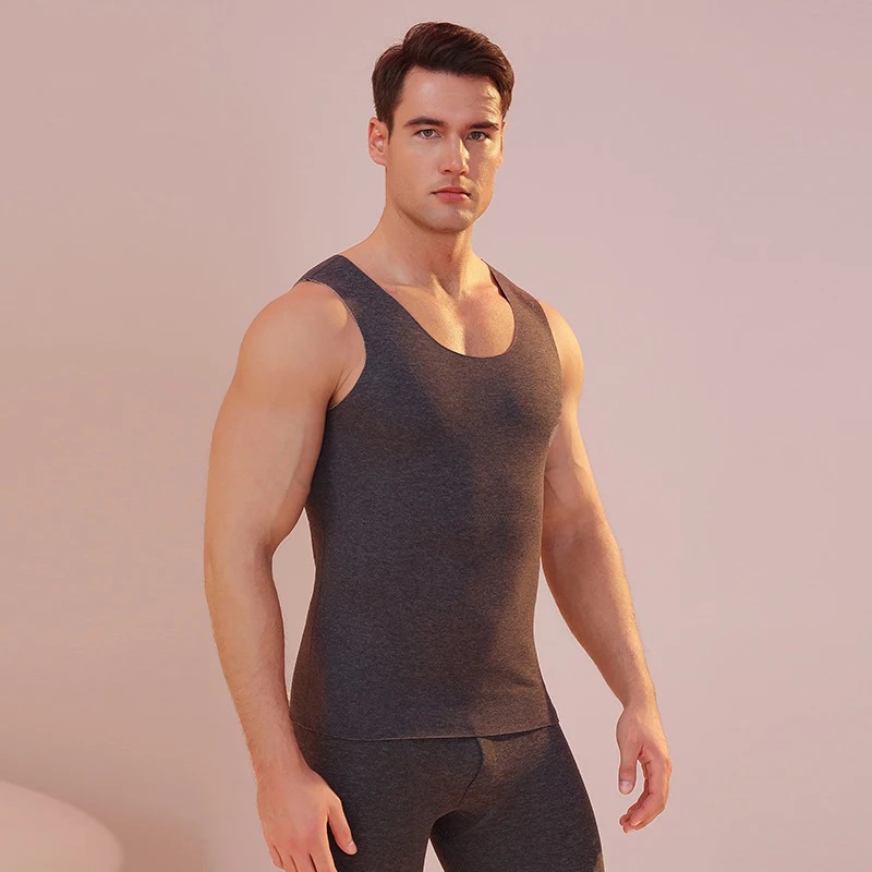 Winter Mens O-neck Thermal Undershirts Solid Base Men's Camel Velvet Patch Warm Seamless Sleeveless Invisible Vest