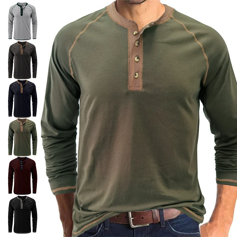 

Pop Men's Henley Collar Long Sleeved T-shirts Solid Casual Top Single Breasted Pocket TShirt Soft Comfy Bottoming Shirt For Autu