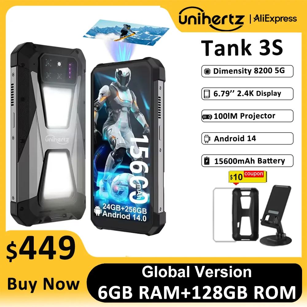 Unihertz 탱크 3s 8849 프로젝터가 장착된 스마트폰 24GB 256GB 치수 8200 휴대폰 15600mAh 66W 충전기 64MP 5G 전화