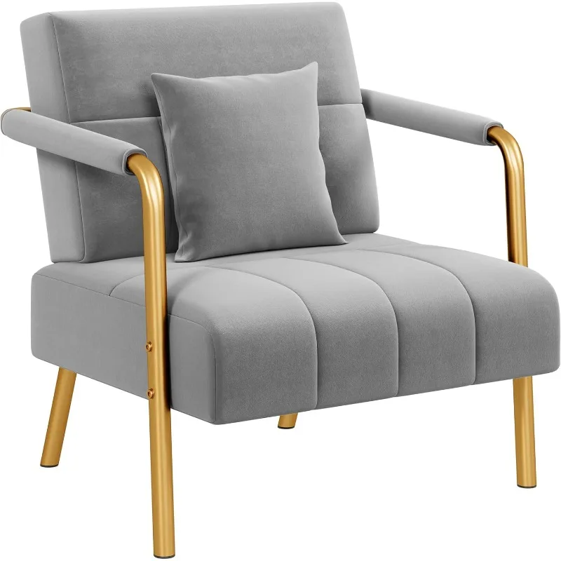 

Velvet Sofa Small Sofa Chair Fabric Accent Armchair with Gold-Tone Metal Arms and Legs for Living Room, Home Office, Light Gray