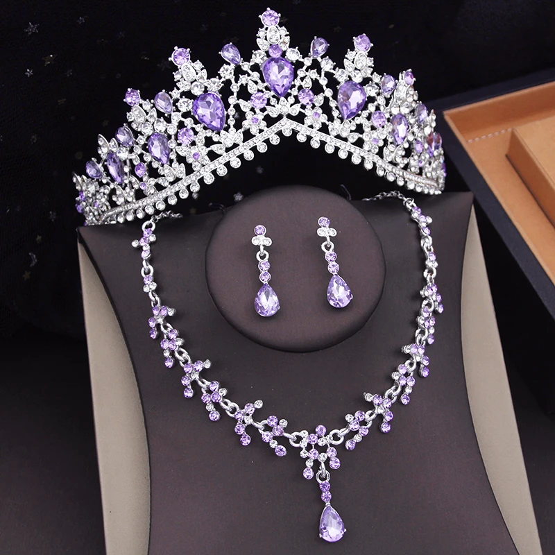 

Purple Colors Wedding Crown Bridal Jewelry Sets for Women Choker Necklace Sets Tiaras Earrings Jewelry Prom Costume Accessories