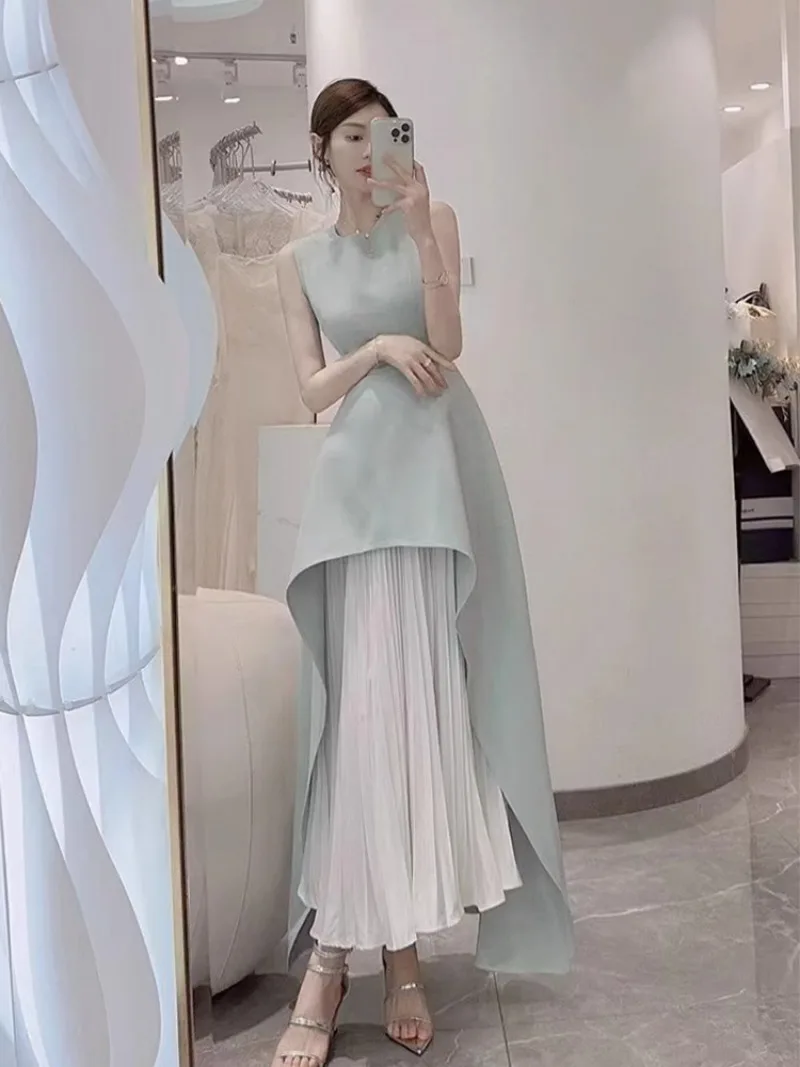 New French Fashion Summer Chiffon Dress Women Slim Waist Splicing Sleeveless Irregular Party Dresses Banquet Robe Vestidos