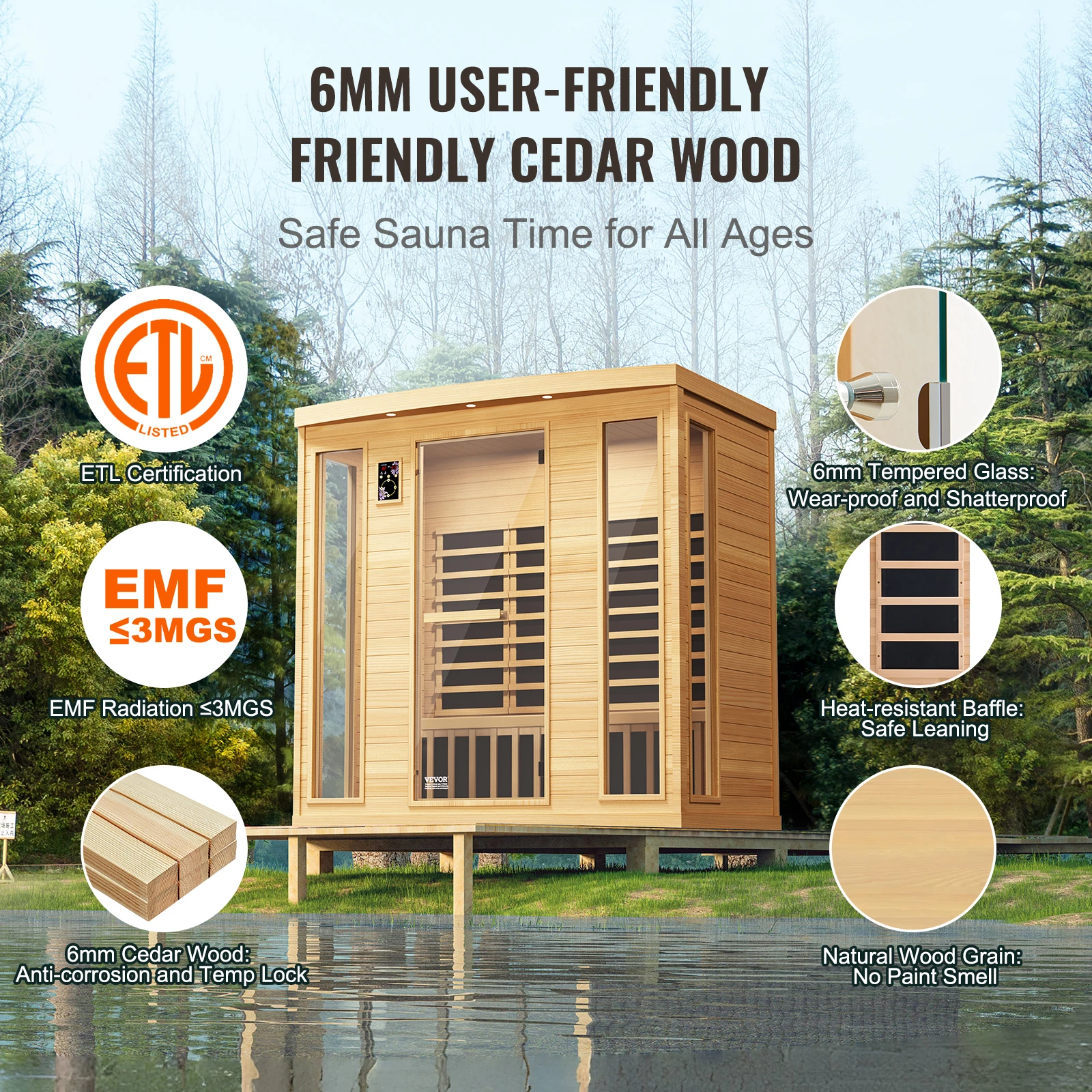 VEVOR Sauna de Infrarrojos Lejanos para 3-4 Personas Cabina de Sauna Casera de Madera Cicuta Infrarroja Baja EMF con Puerta de Vidrio Templado Lámpara Multicolor Altavoces Bluetooth Cromoterapia