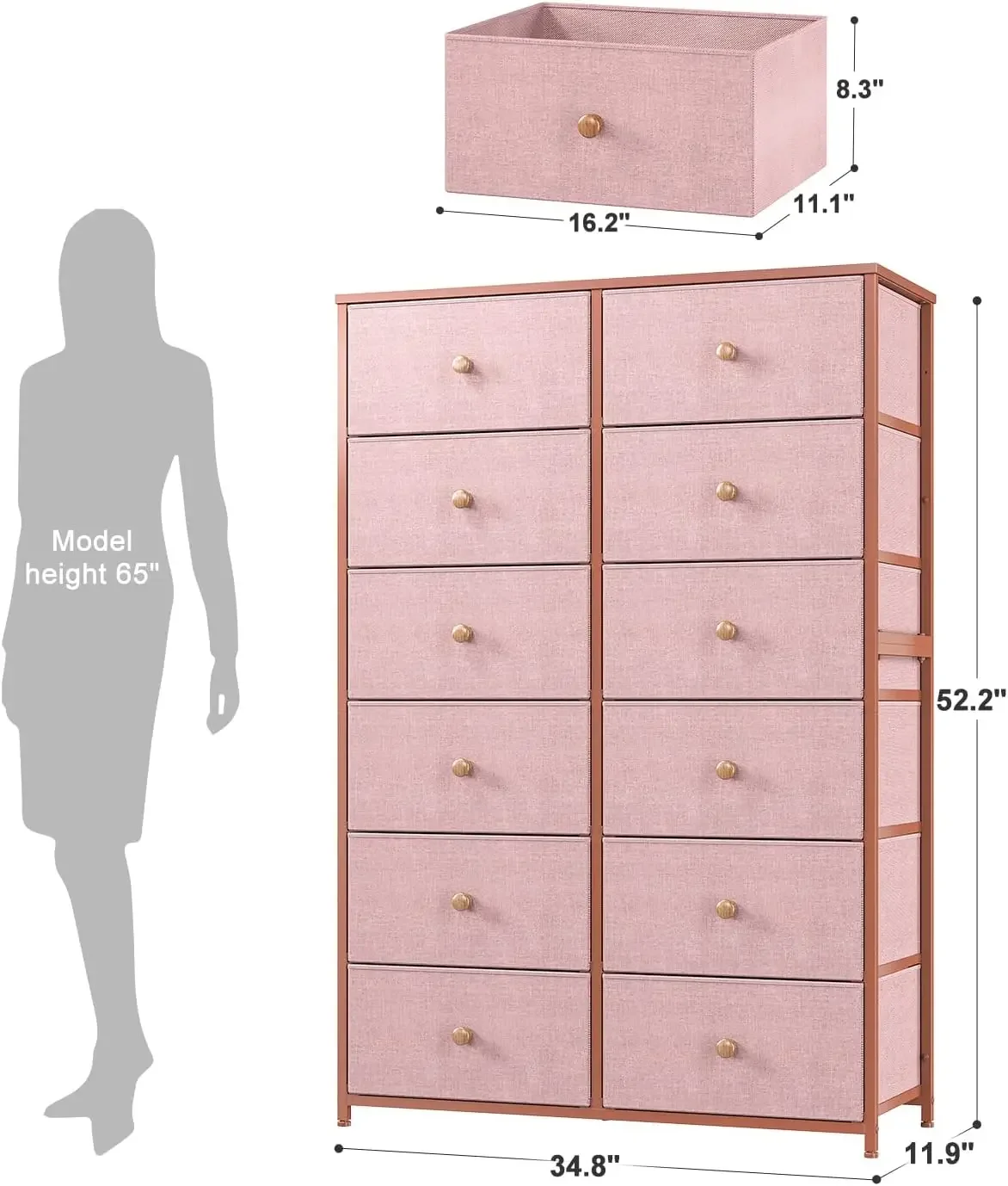 12 Drawers, Tall Dressers for Girls Bedroom with Wood Top Metal Frame, Chest of Drawers for Bedroom, Closets, Pink, 11.9" D x 34