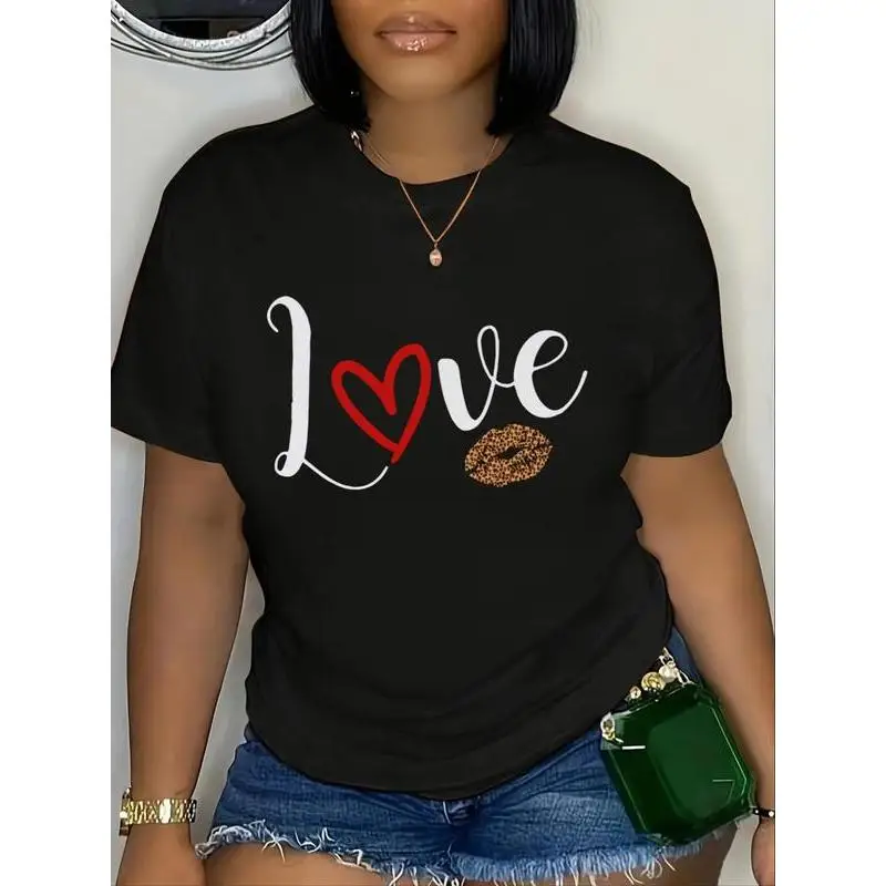 

Love Graphic Tee with Red Heart & Leopard Print Detail – Trendy Women’s Casual Shirt