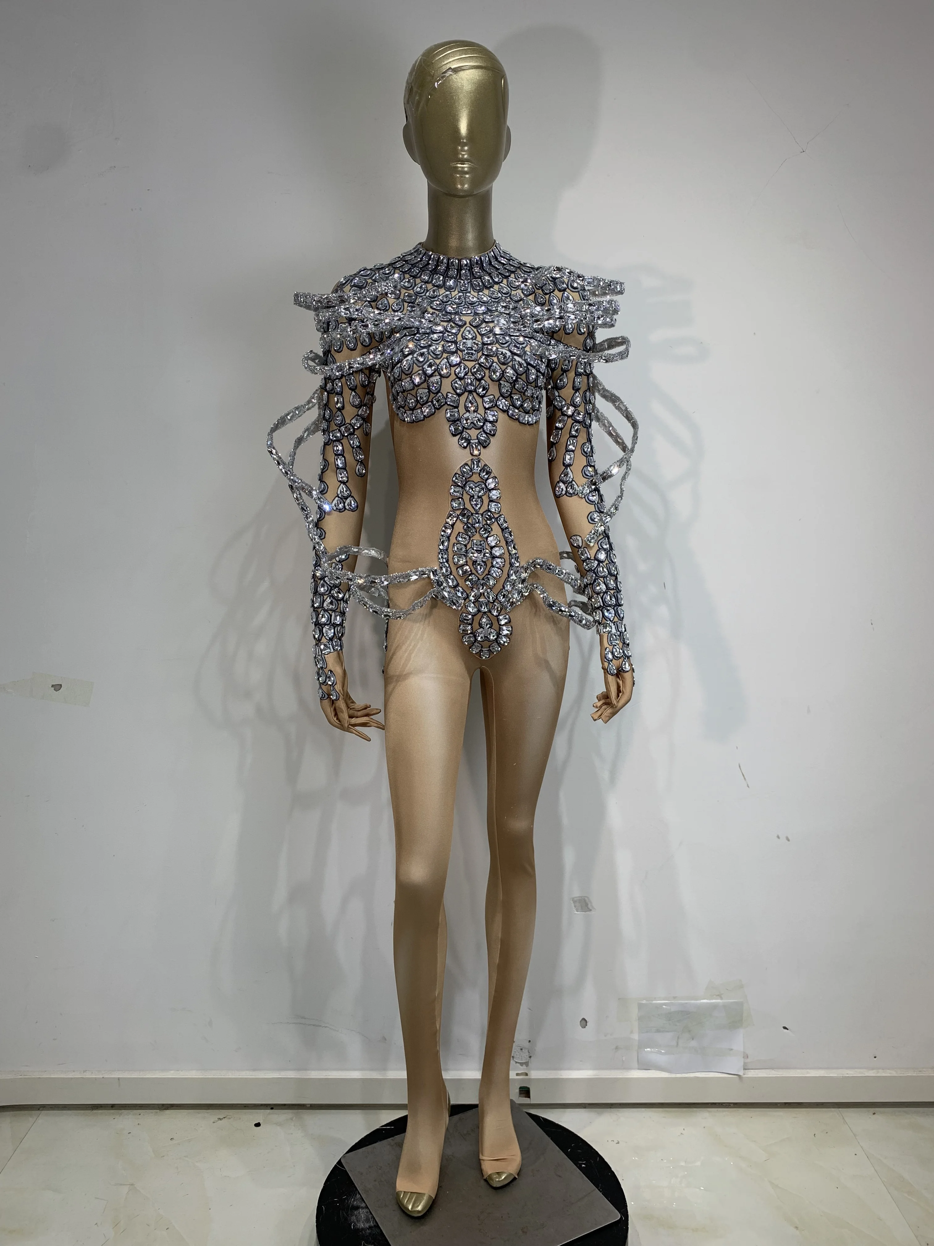 Shining Rhinestone Long Sleeve Spandex Bodycon Jumpsuit Evening Party Nightclub Bar Singer Stage Costume Birthday Outfit