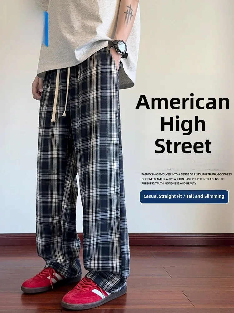 

True Weave American Retro Plaid Straight Leg Wide Leg Pants Men's Spring 2025 High Waist Lazy Loose Long Trousers Casual Pants