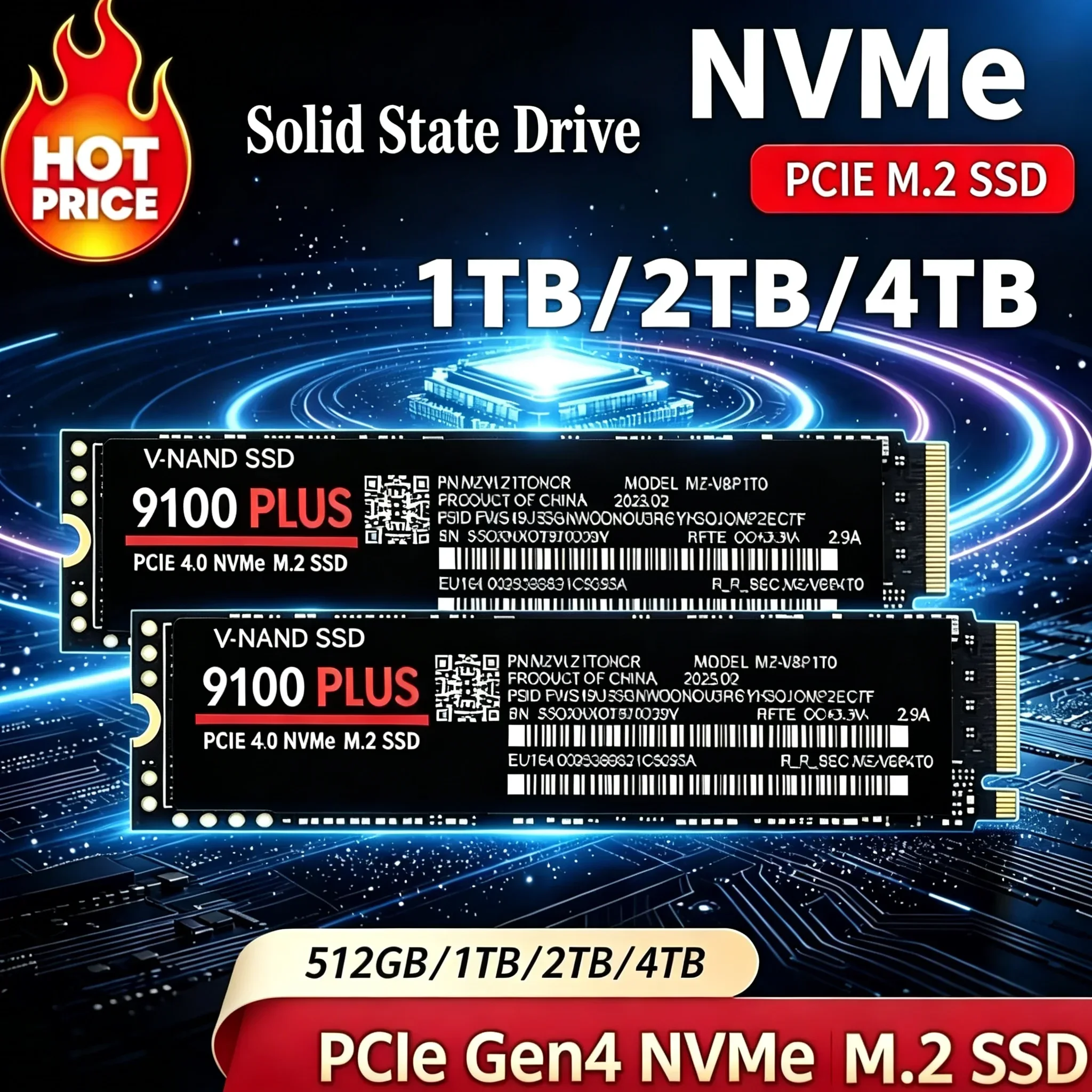 M.2 NVMe SSD 9100 PLUS PCIe Gen4.0  TLC 3D NAND 500GB 1TB 2TB 4TB 2280 Internal Solid State Drive for PC Laptop