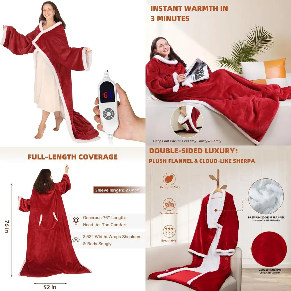

Sleeved Electric Throw Blanket with Foot Pocket, 6 Heat Levels, 70x50, Plush Flannel & Sherpa, Wine Red