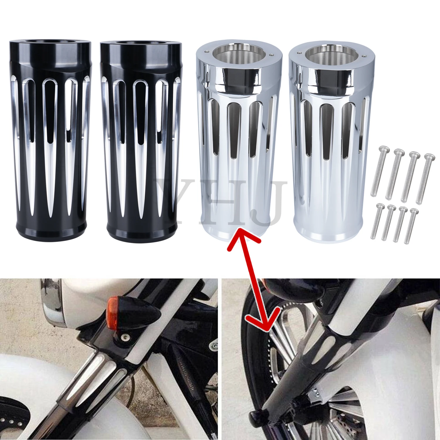 

Fork Boots Cans Cover 2" Extend For Harley Motorcycle Touring Electra Road Street Glide Road King Ultra 1984-2013 Black/Chrome