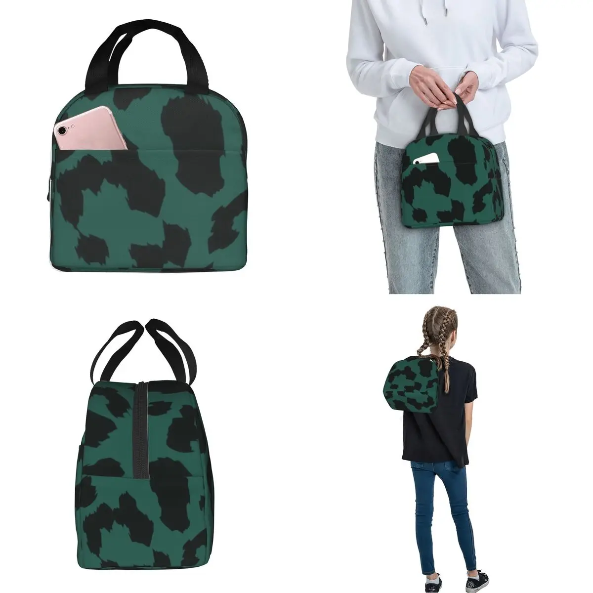 Green Leopard Insulated Lunch Bags Thermal Bag Meal Container Geometric Simple Large Tote Lunch Box Girl Boy College Outdoor