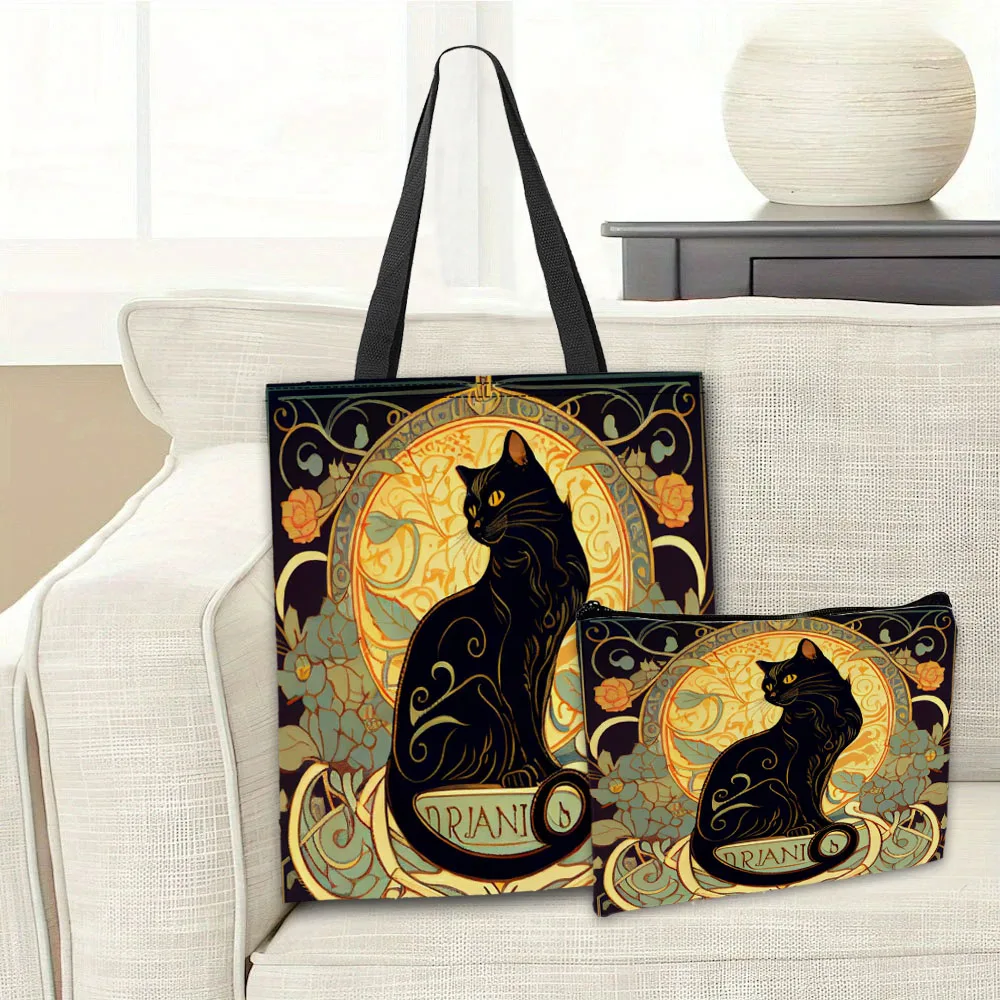 

Ретро-арт Благородная черная кошка Сумка на плечо и косметичка Многоразовые сумки для покупок Шикарная косметичка Женская сумка для ежедневного использования