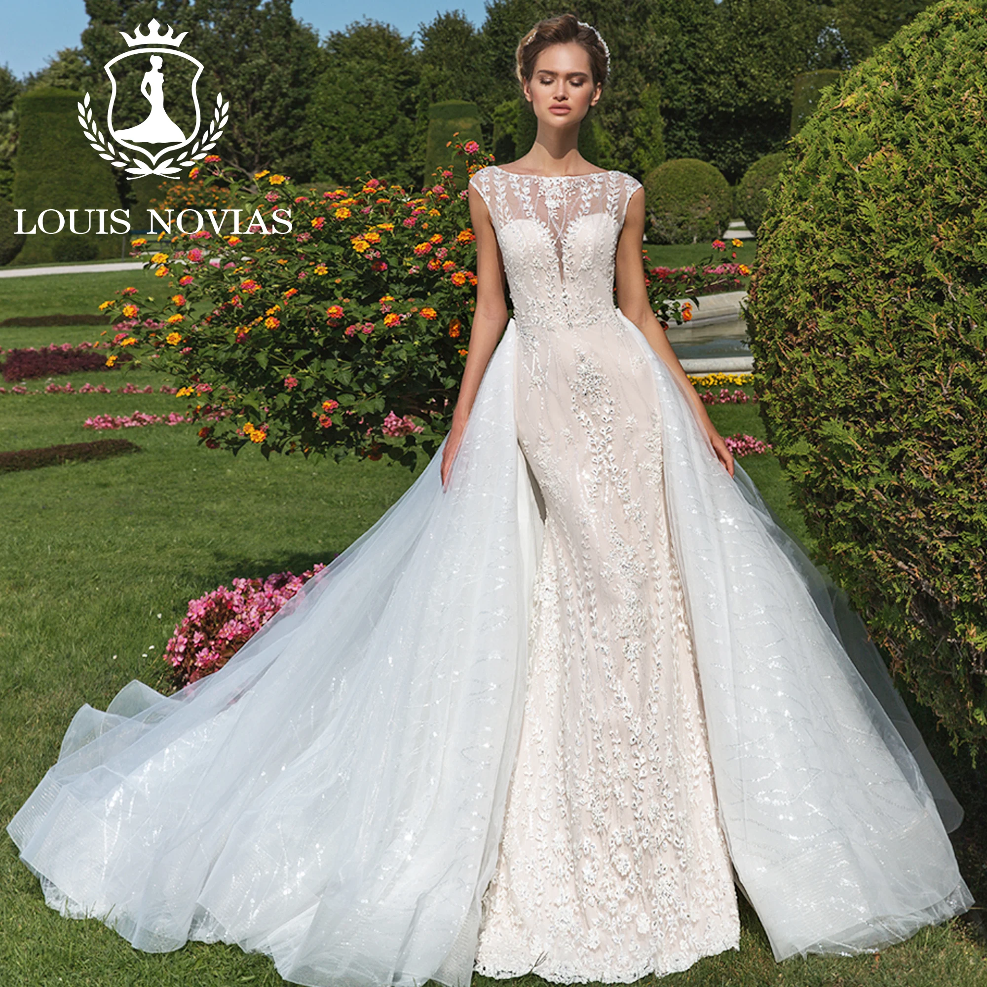 LOUIS NOVIAS Luxury Mermaid Wedding Dress For Women 2023 2 IN 1 SCOOP Appliques Sequined Sleeveles Wedding Gown Vestido De Novia