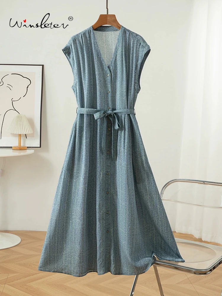 

Winsleter-Women 100%Real Silk Elegant Dress, Short Sleeve V Neck Denim Print, French Retro Commute Dresses, 2025 Summer D56314CC