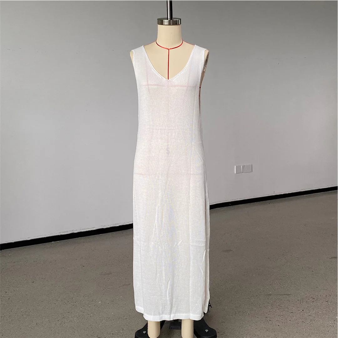S - XL, V-Ausschnitt, rückenfreies, einfarbiges, gehäkeltes, gestricktes Tunika-Strandkleid, Strandkleid, Strandmode, Damen, V8320 – Detail 6
