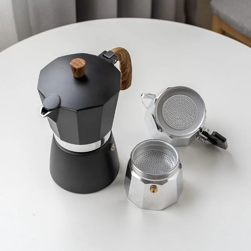 Macetas Moka italianas, cafetera Espresso de aluminio, percolador, estufa, olla superior con mango de madera, herramientas de café, accesorios de cocina y cafetería