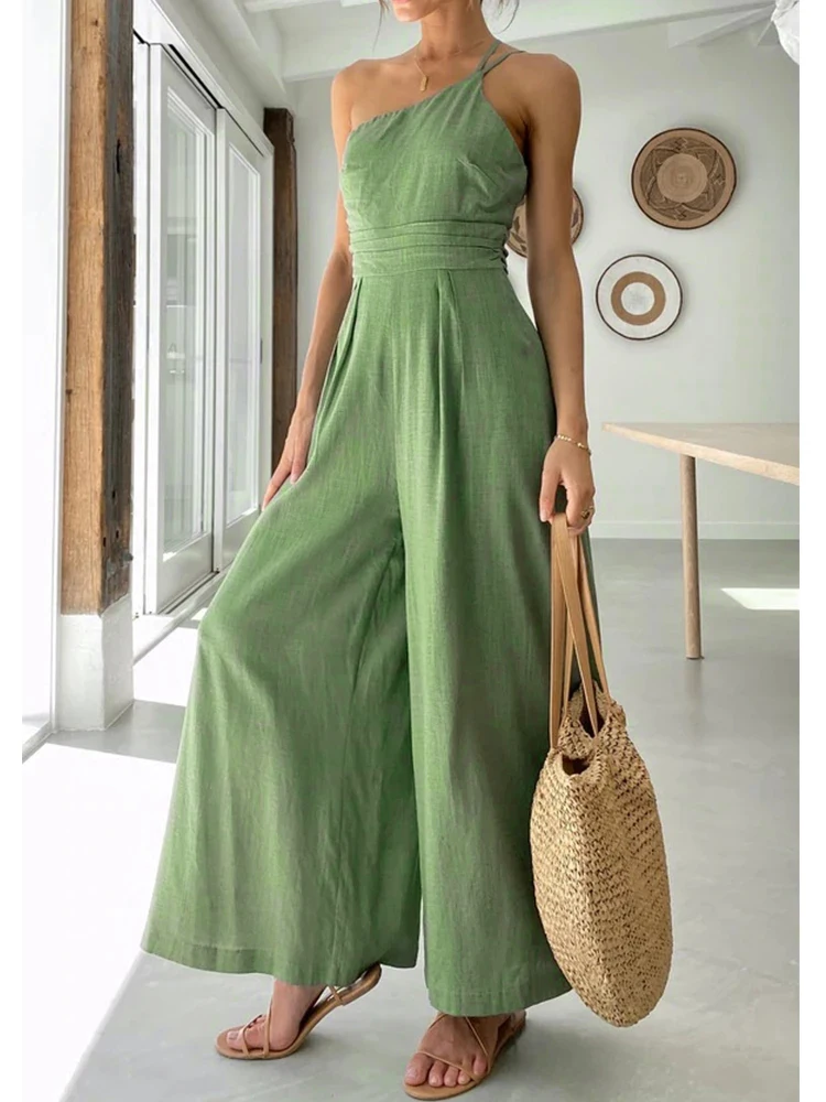 

Waist Folds Backless Double Strap Casual Wide Leg Jumpsuit Long Pants Green 2024 New Female Loose Jumpsuit