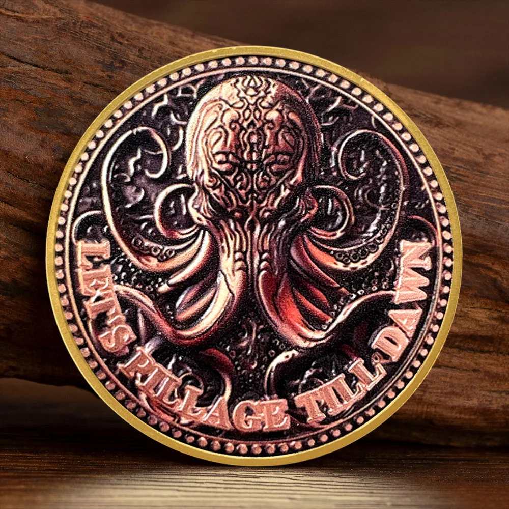 Pièce de Monnaie Commémorative Plaqué Or Style Pirate - Collection Thème Capitaine Squelette Pieuvre - Pièce Cadeau